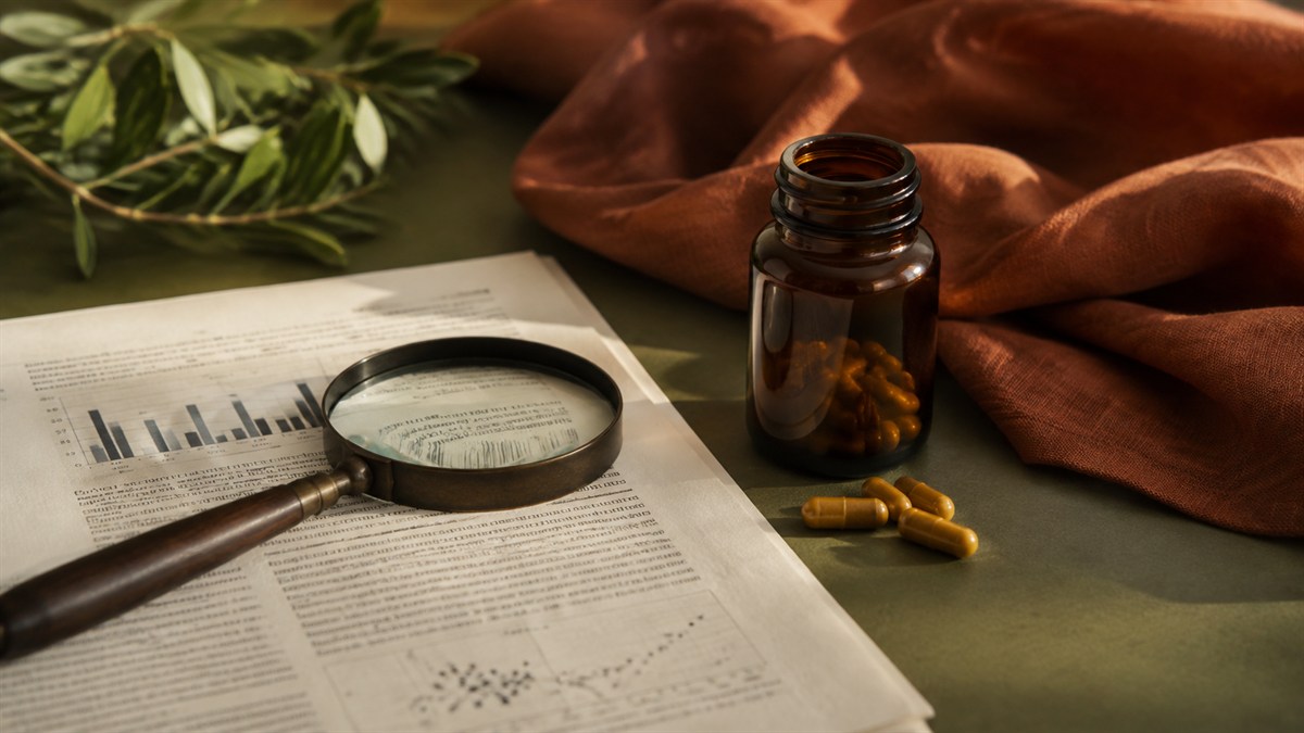 Golden capsules and an amber bottle beside research papers and a magnifier.