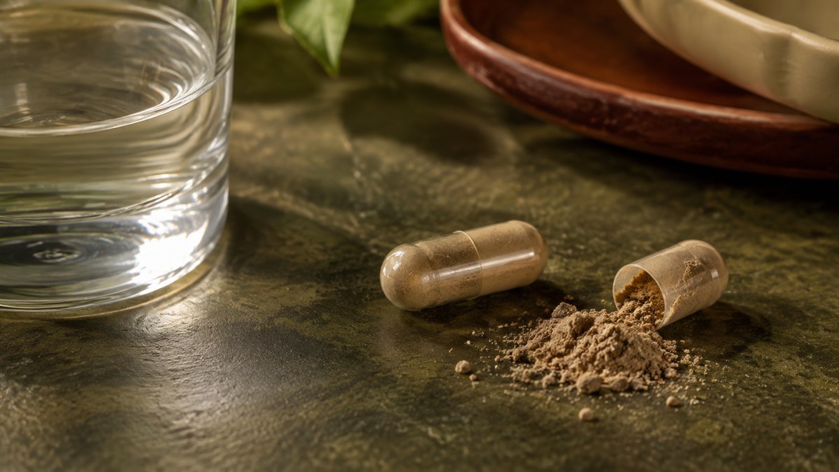 An intact capsule and an open capsule with loose powder beside water.