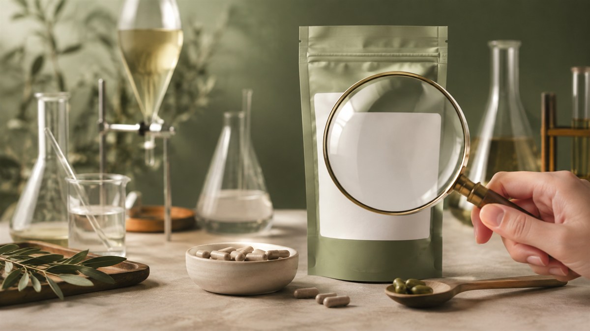 A magnifying glass examines plain supplement packaging beside laboratory glassware.