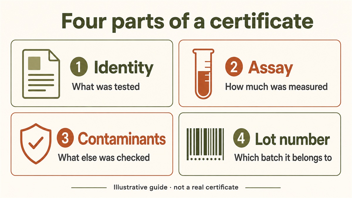 Four certificate sections: identity states what was tested; assay states how much was measured; contaminants lists other checks; lot number identifies the batch.