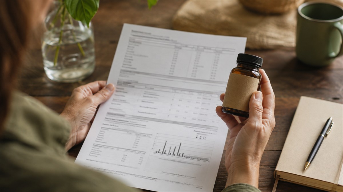 Hands compare a laboratory certificate with a supplement bottle.