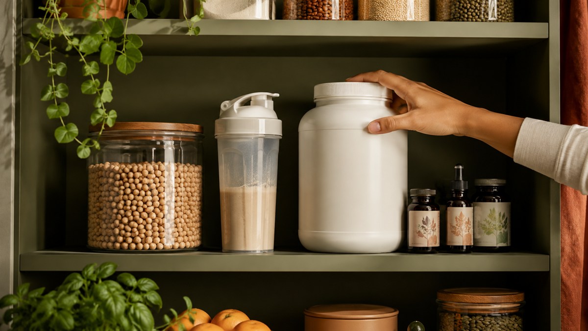 Protein powder, a shaker, legumes and botanical bottles on a pantry shelf.