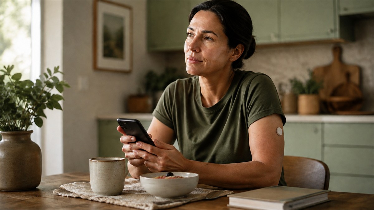 An adult with a glucose sensor pauses over a phone at breakfast.