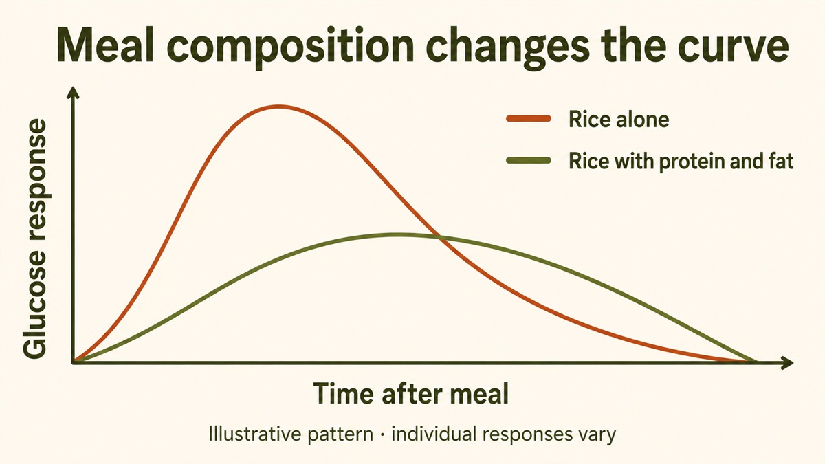 Illustrative glucose-response curves for rice alone and rice with protein and fat; individual responses vary.