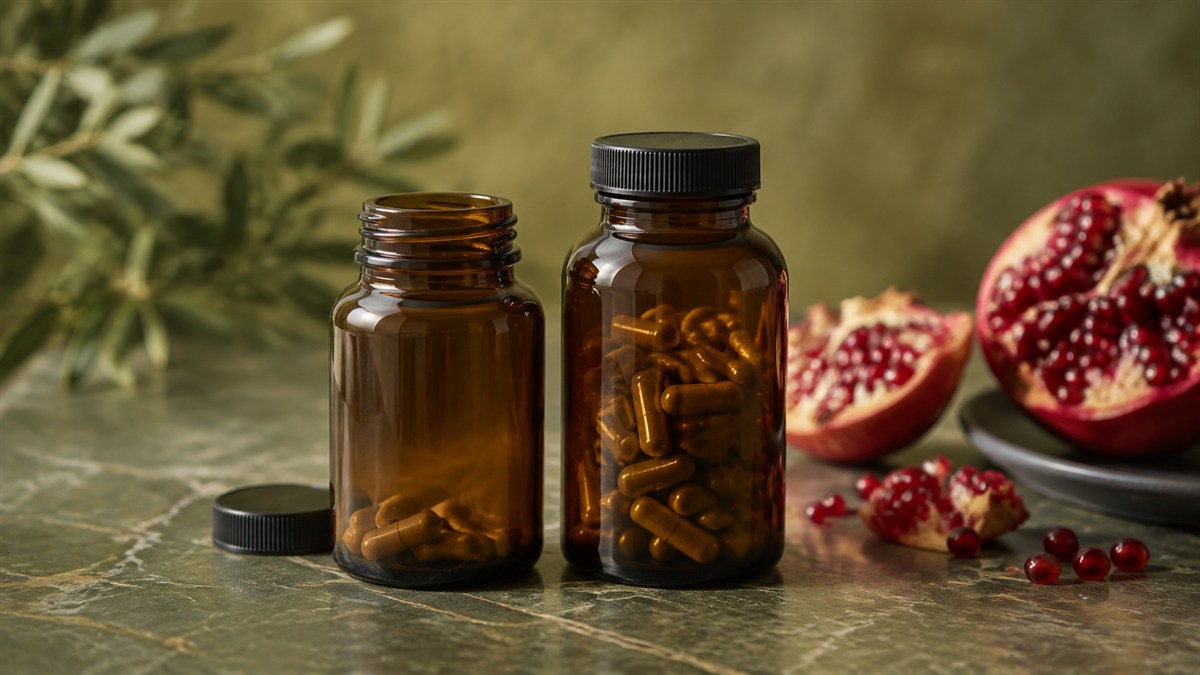 Two amber supplement bottles beside a cut pomegranate.