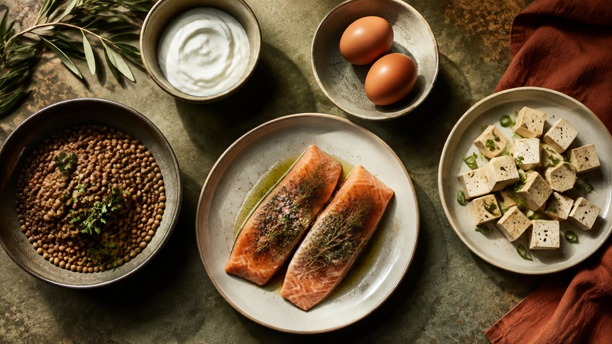 Protein foods including lentils, yogurt, eggs, fish and tofu.