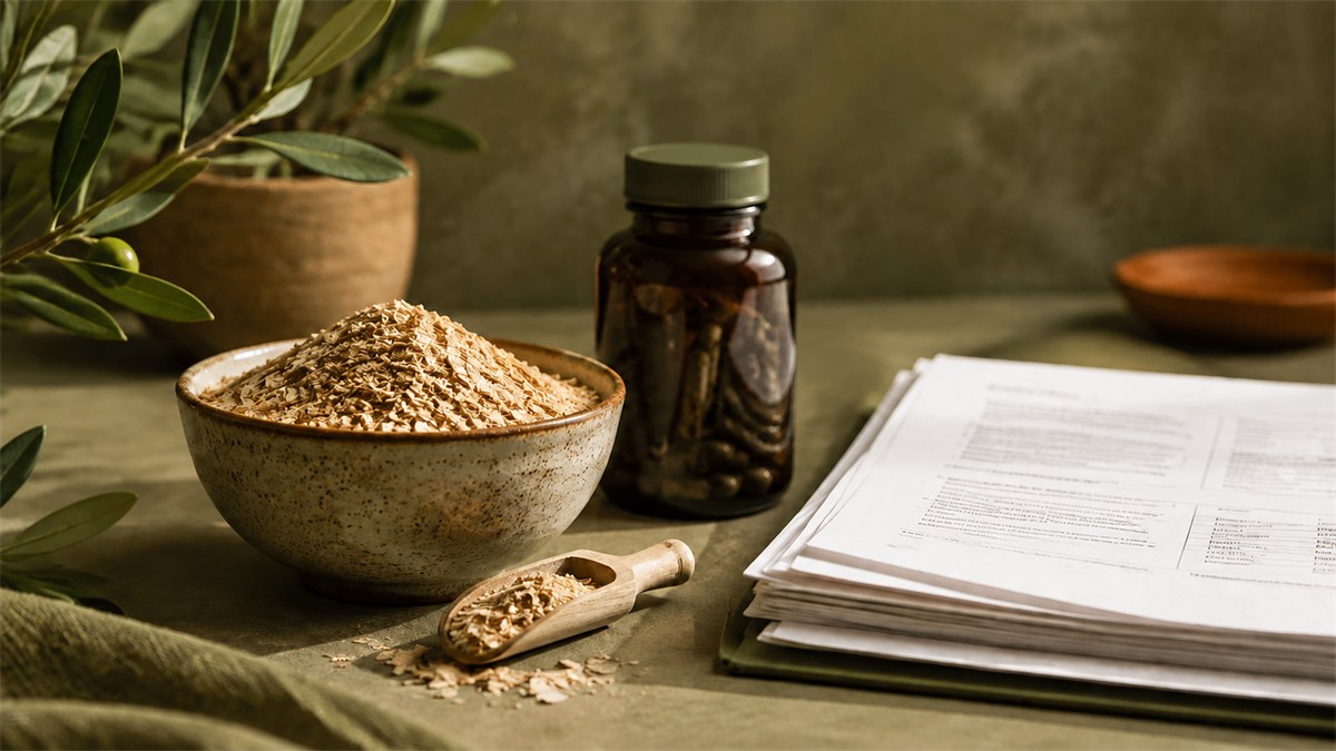 A bowl of wheat germ beside a supplement bottle and research papers.