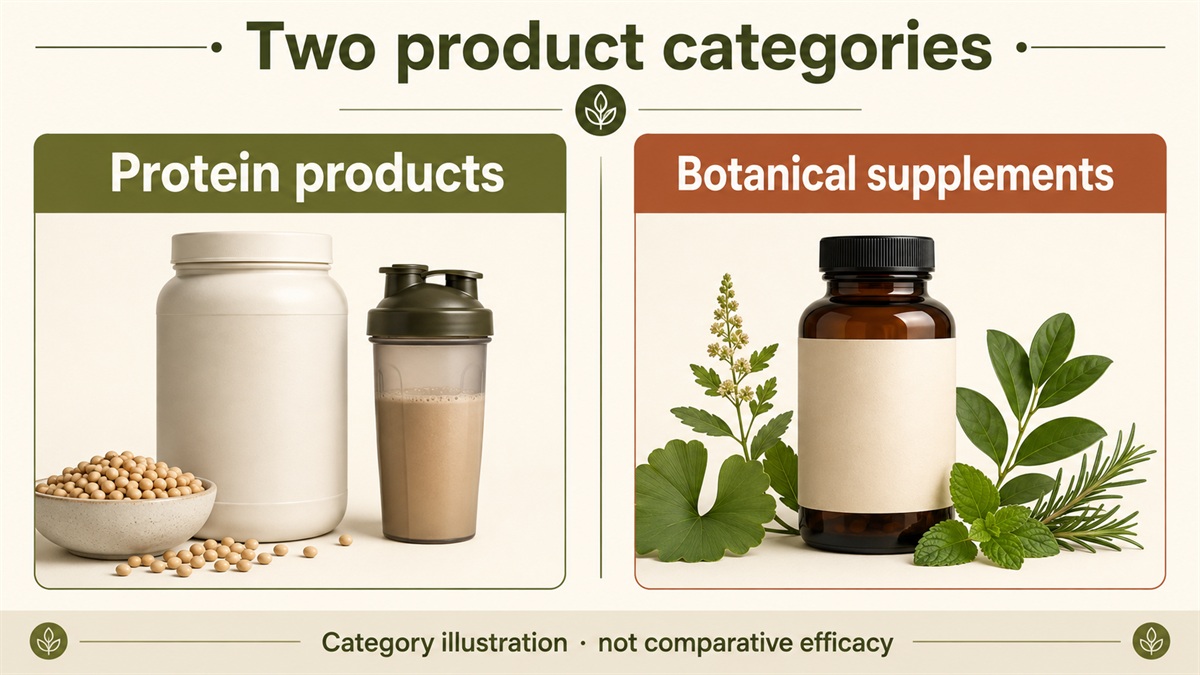 Protein products and botanical supplements shown as two distinct product categories.